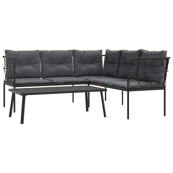 Zestaw wypoczynkowy L 176x175x75 cm, czarny, stół antracytowy 110x55x35 c