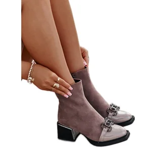 S.Barski Eleganckie Botki Damskie Na Obcasie Z Ozdobą Beżowe MR880-127 beżowy - Botki damskie - miniaturka - grafika 1