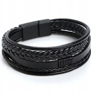 Bransolety męskie - BRANSOLETKA MĘSKA SKÓRZANA CZARNA PLECIONA STAL SZLACHETNA CHIRURGICZNA 316 - miniaturka - grafika 1