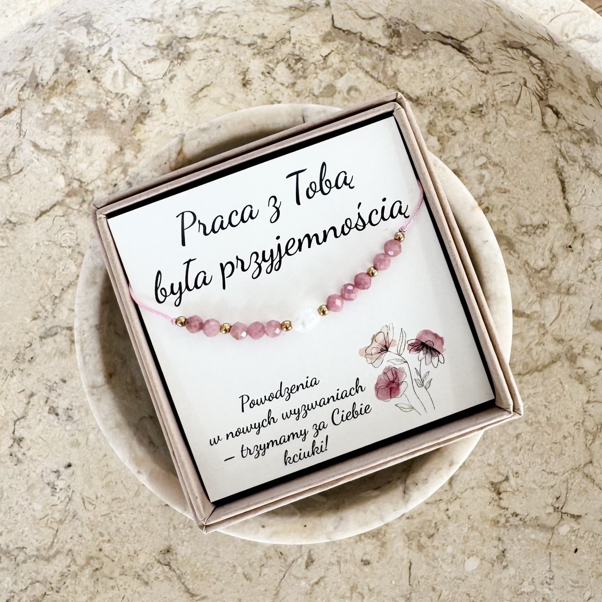 Bransoletka Praca z Tobą była przyjemnością Rodochrozyt Różowy Perła Hematyt Złoty Regulowana Prezent Odejście z Pracy