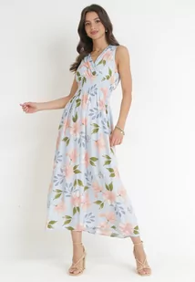 Jasnoniebieska Sukienka Maxi z Gumką w Pasie i Kopertowym Dekoltem w Kwiaty Shreya - Sukienki - miniaturka - grafika 1