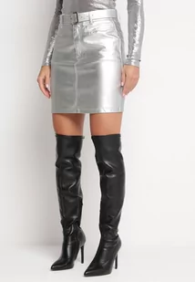 Srebrna Metaliczna Spódnica Mini z Imitacji Skóry z Paskiem z Klamrą Lelara - Spódnice - miniaturka - grafika 1