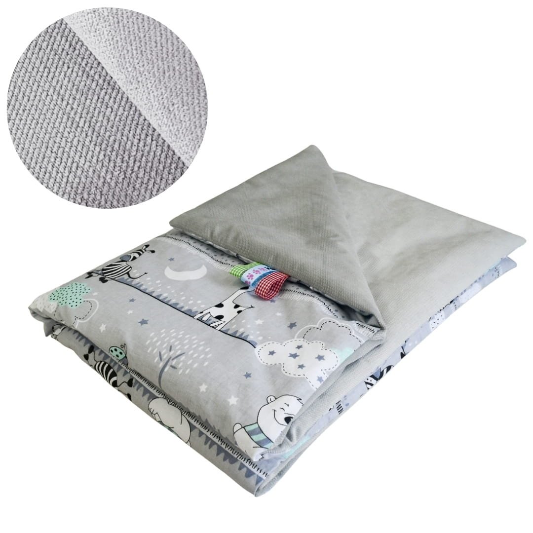 Kocyk Dziecięcy 75x100 Ocieplany Misie Zdzisie Seledyn/Szary Bawełna/Velvet Polski Producent