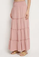 Spódnice - Różowa Spódnica o Rozkloszowanym Kroju z Falbankami i Gumką w Talii Dovinala - miniaturka - grafika 1