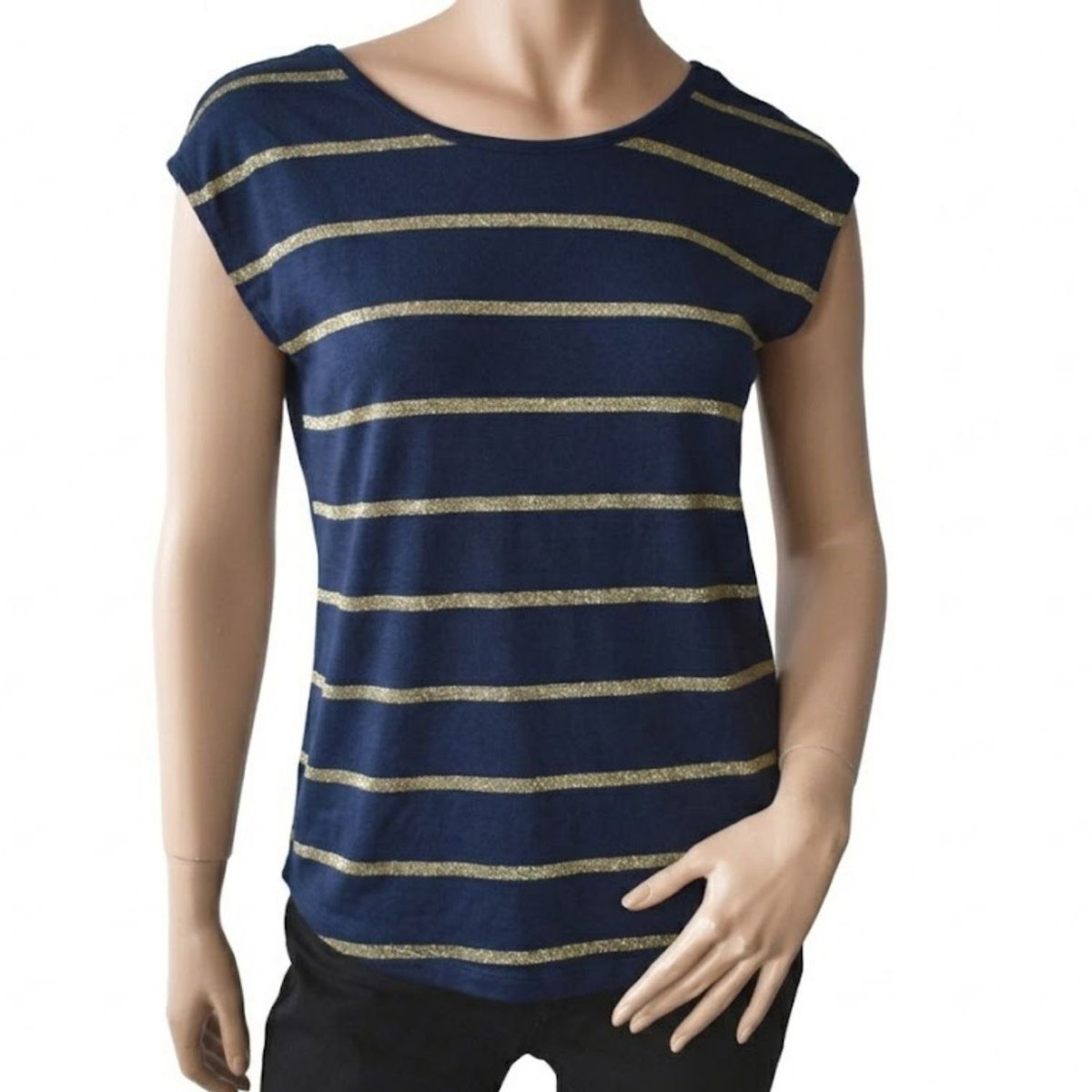 Koszulka damska Pieces Rammi Ss granatowa w złote paski-S