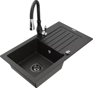 Mexen Pablo zlewozmywak granitowy 1-komorowy z ociekaczem i baterią kuchenną Savita, czarny/złoty metalik - 6510-75-672601-70-B - Zlewozmywaki z baterią - miniaturka - grafika 1