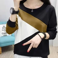 Bluzki damskie - TEMU Koszulka Damska Casual z Kolorowymi Blokami - Wysoka Elastyczność, Okrągły Dekolt, Bluzka na Wiosnę/ w Kolorach Czarnym i Gorczycy, Modna, - miniaturka - grafika 1