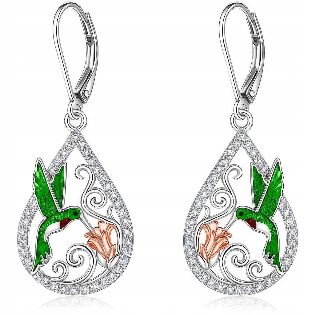 Kolczyki z mosiądzu damskie koliber kwiatek cyrkonie wiszące długie mosiądz