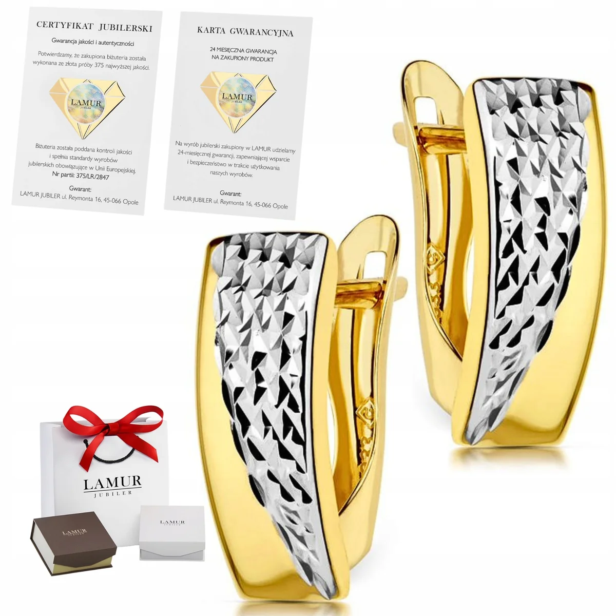 ZŁOTE KOLCZYKI 375 Z BIAŁYM ZŁOTEM DIAMENTOWE ANGIELSKIE ZAPIĘCIE +