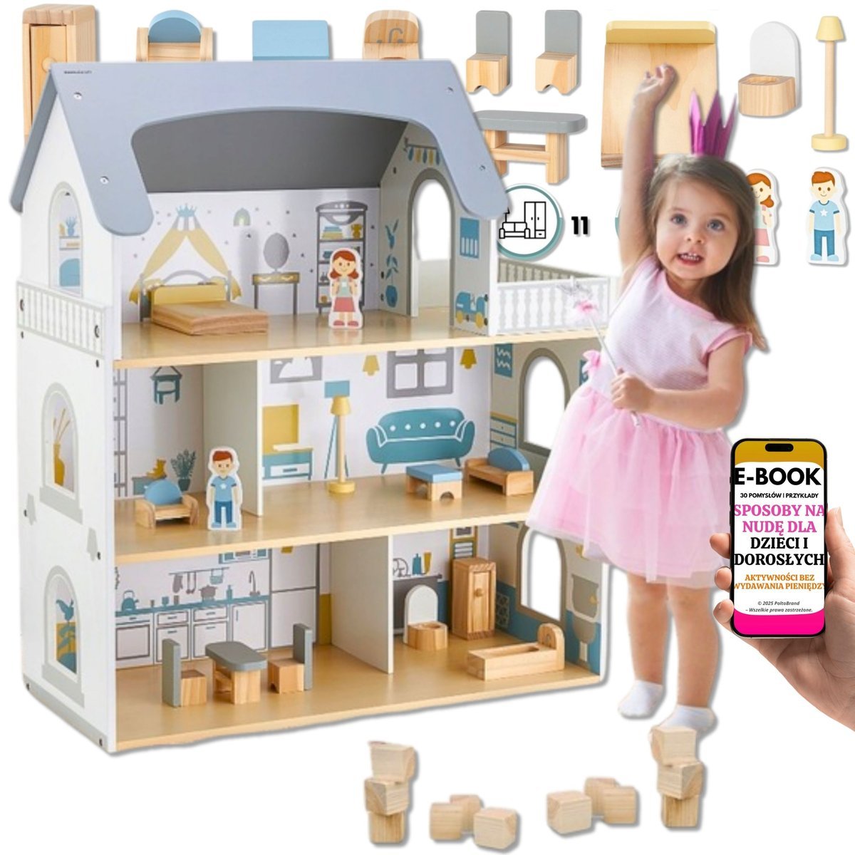 Drewniany DOMEK DLA LALEK DLA CZTEROLATKI + figurki meble akcesoria Dla lalek PREZENT ŚWIĄTECZNY DLA DZIECKA + EBOOK-3