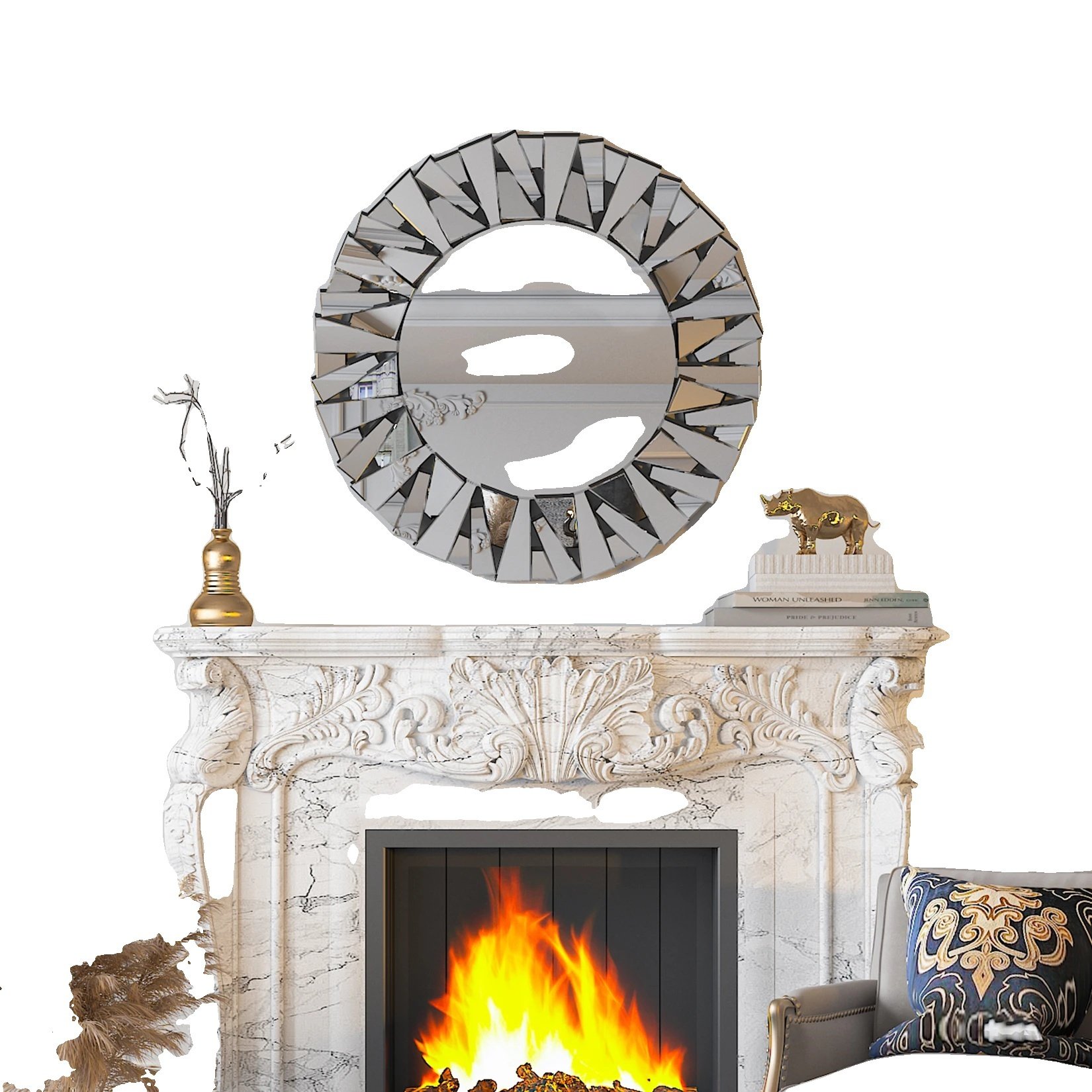 Lustro ścienne, wzór Sunbeam, nowoczesne srebrne szkło, srebrne