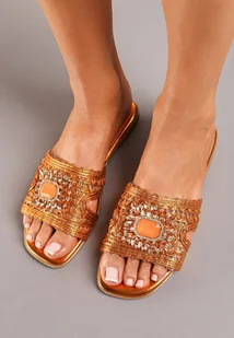 Pomarańczowe Płaskie Klapki z Ekoskóry z Ozdobnymi Kamieniami Zadina - Klapki i japonki damskie - miniaturka - grafika 1