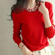 Swetry damskie - TEMU 2024 Wiosna/Jesień Jednokolorowa Koszulka z Koralikami Długi Rękaw Bielizna Termoaktywna dla Kobiet, Casual Wszechstronna Krótka Bluzka - miniaturka - grafika 1