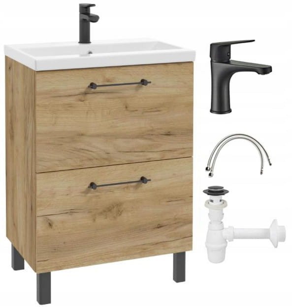 Szafka łazienkowa z umywalką baterią i syfonem 60x80cm Stojąca Dąb Craft Cassandra