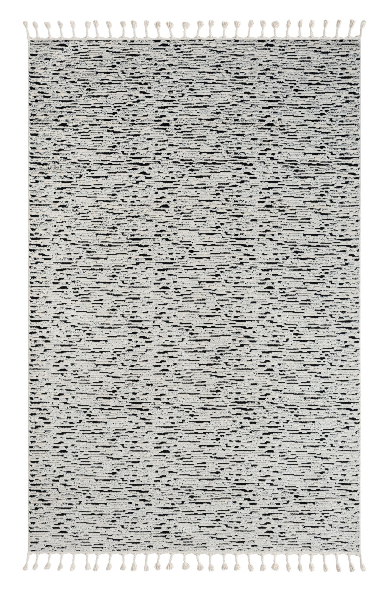 Dywan MY-RUG, Leah, 290x200, biało czarny, dywan z wysokim włosiem, wzór 3D, styl boho, nowoczesny dywan z frędzlami, prostokątny