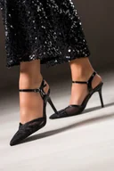 Czółenka - Czarne czółenka damskie szpilki z siateczką ozdobione cyrkoniami odkryta pięta Carla N876 - miniaturka - grafika 1