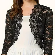 Swetry damskie - TEMU Damska Modna Krótka Rozpinana Bluzka Kardigan Elegancka Koszula z Koronką w Jednolitym Kolorze z Rękawami do Trzech Czwartych, Sezon Wiosna/ - miniaturka - grafika 1