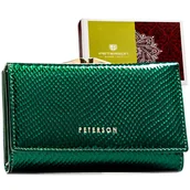 Portfele - Zielony lakierowany portfel damski ze skóry naturalnej PETERSON portmonetka na zatrzask i bigiel pozioma rozbudowana na karty i dokumenty pudełko na.. - miniaturka - grafika 1