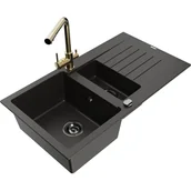 Zlewozmywaki z baterią - Mexen Matias zlewozmywak granitowy 1,5-komorowy z ociekaczem i baterią kuchenną Duero, czarny/złoty - miniaturka - grafika 1