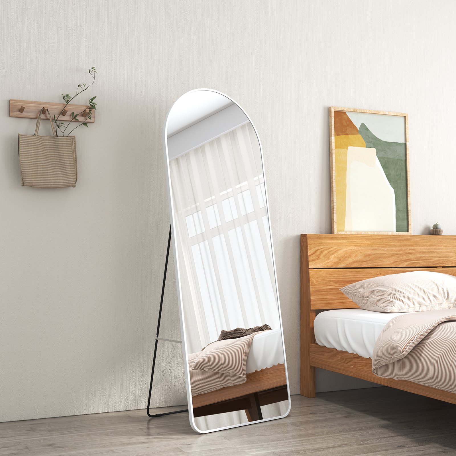 EMKE Lustro stojące 160x60cm Pełnowymiarowe lustro Biała aluminiowa rama Lustro Lustro Krzywe lustro ubraniowe z przeciwwybuchową folią okienną