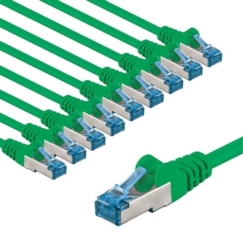 goobay 66060 CAT 6A kabel sieciowy w zestawie 10 szt./kabel krosowy ekranowany S/FTP/CU Ethernet, PiMF, LSZH/Cat 6a kabel z 10 Gbits/zielony / 10 x 1 m