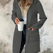 Kurtki damskie - TEMU Damska swobodna długa kurtka z kapturem i zamkiem błyskawicznym - jednokolorowa odzież zewnętrzna o średniej długości, regularny krój, niezbędny - miniaturka - grafika 1