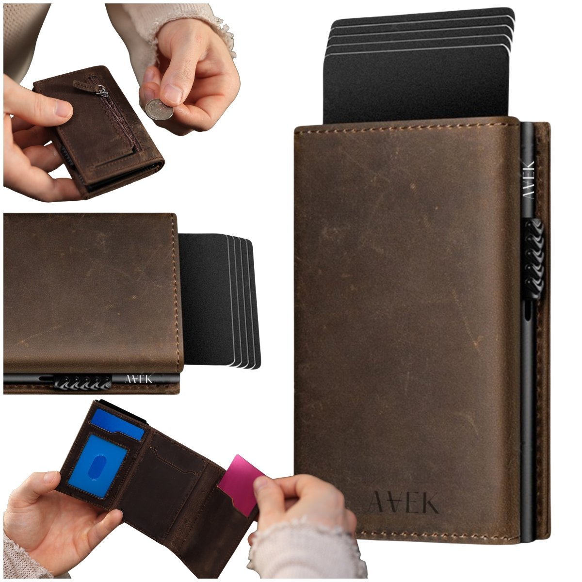 PORTFEL ETUI NA KARTY MĘSKI WALLET BRĄZOWY ZE SKÓRY SKÓRZANY OCHRONA RFID / AVEK