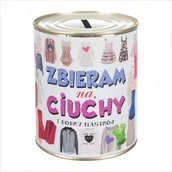 Skarbonki - Skarbonka metalowa z napisem 'Zbieram na ciuchy i dobry nastrój'. Rozmiar 12x10 cm - miniaturka - grafika 1