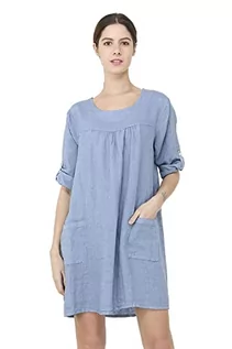 Sukienki - Sukienka damska 100% lniana Made in Italy, Krótka sukienka z okrągłym dekoltem z zapinanymi na długie kieszenie i rękawy, niebieska dżinsowa, rozmiar: XL, niebieski (bleu jean's), XL - grafika 1