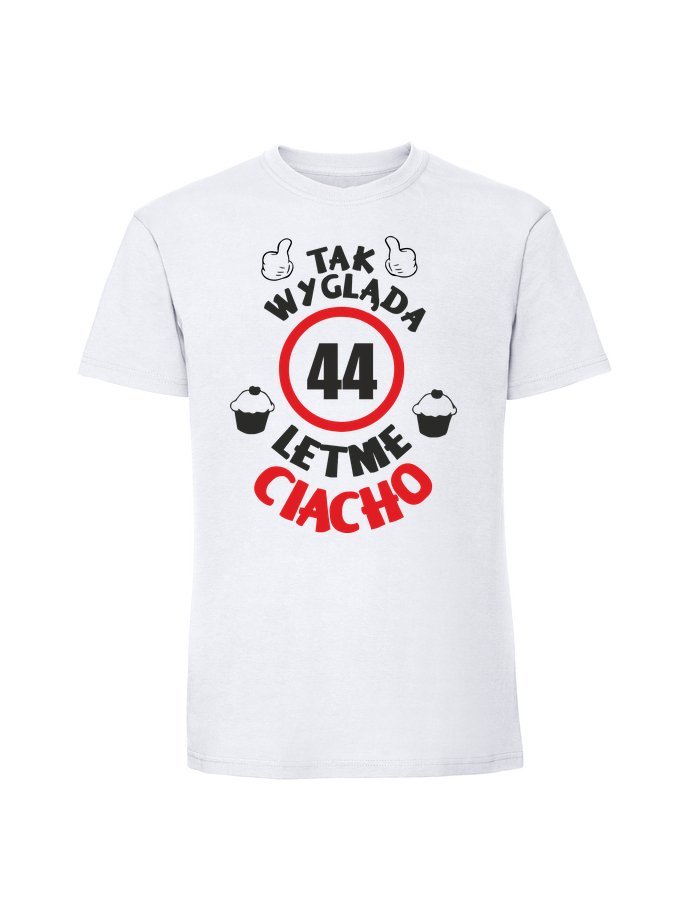 Męska koszulka z nadrukiem - 44 Ciacho + wiek 44 biały L
