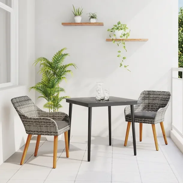 Zestaw do jadalni na patio: stół kwadratowy, 2 krzesła, naturalny rattan