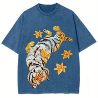 Bluzki damskie - TEMU Koszulka Y2K Retro z Nadrukiem Tygrysa i Gwiazdy - Turkusowy Niebiesko-Oversize Krótki Rękaw, Minimalistyczny Okrągły Dekolt, Luźne Dopasowanie - miniaturka - grafika 1