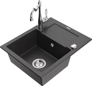 Mexen Enzo zlewozmywak granitowy 1-komorowy z ociekaczem i baterią kuchenną Carla, czarny nakrapiany - 6506-76-670700-00 - Zlewozmywaki z baterią - miniaturka - grafika 1