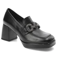 Półbuty damskie - Czarne Półbuty Karino Eleganckie Skórzane Buty Na Obcasie - miniaturka - grafika 1
