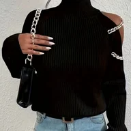 Swetry damskie - TEMU Damski Zimowy Ciepły Sweter z Odkrytymi Ramionami i Wysokim Kołnierzem – Luźny Fason z Rozciętymi Rękawami, Jednokolorowa Bluzka, Ręcznie Prany - miniaturka - grafika 1