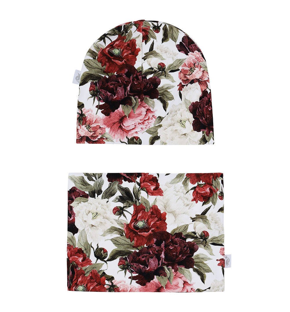 Zestaw czapka z kominem Czerwone Kwiaty 86