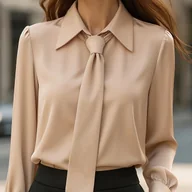 Koszule damskie - TEMU Elegancka Damska Koszula z Długim Rękawem i Guzikami z Wiązaniem z Przodu - Szykowny Beżowy , Kołnierzyk, Wszechstronna do Codziennego i - miniaturka - grafika 1