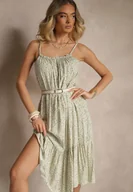 Sukienki - Beżowa Bawełniana Sukienka o Rozkloszowanym Kroju w Kwiaty Niliriela - miniaturka - grafika 1