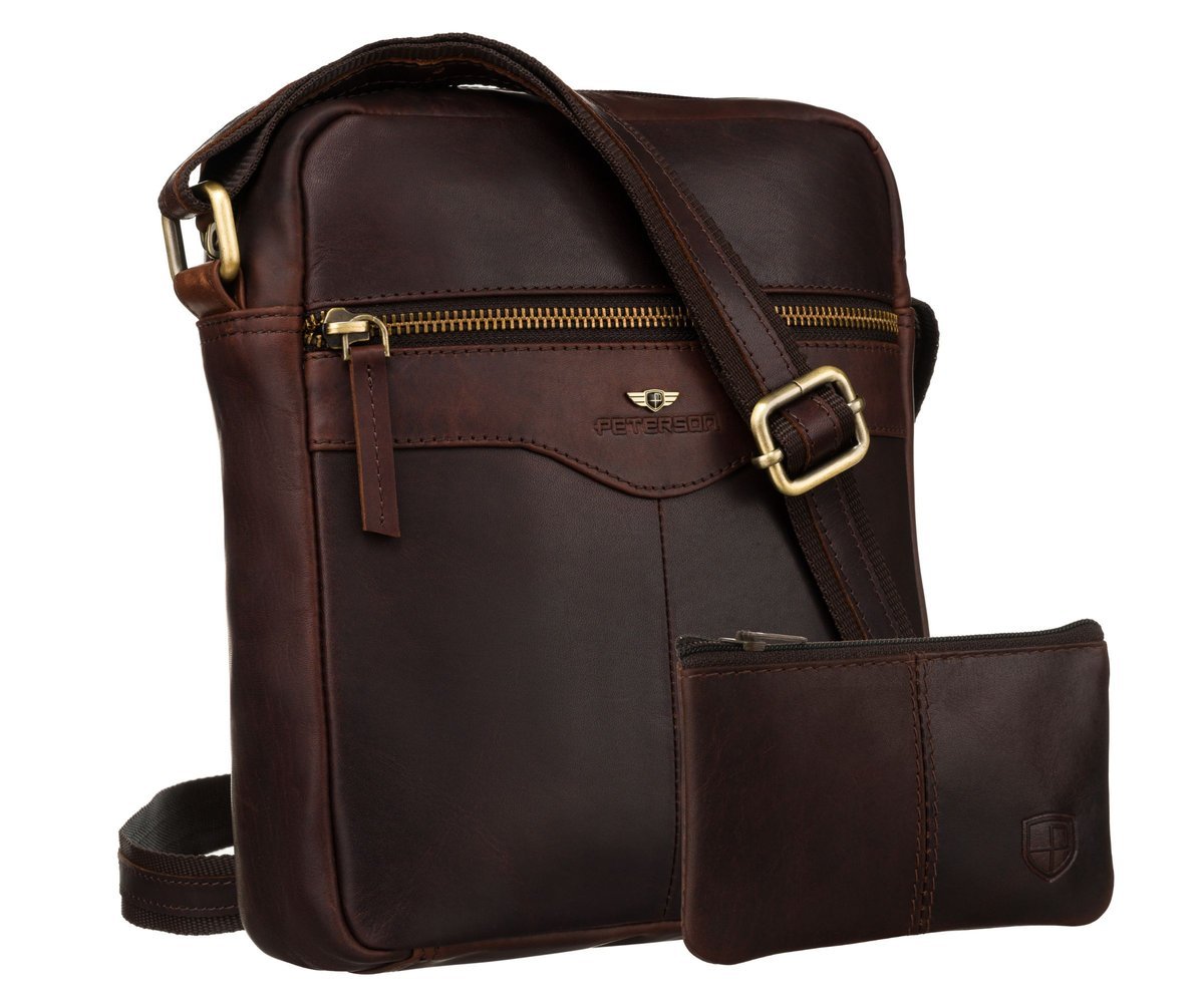 Modna torebka męska skórzana PETERSON mała miejska listonoszka na ramię crossbody brązowa kieszonki na suwak w zestawie etui na klucze