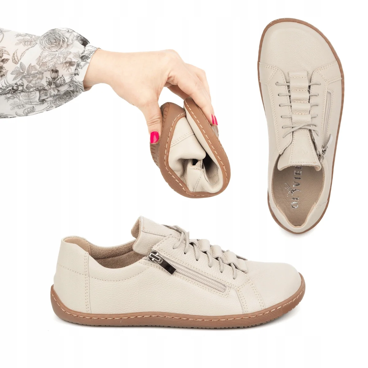 Buty minimalistyczne barefoot skórzane damskie 1242 beżowe 39 półbuty sznurowane na płaskiej podeszwie, obuwie na co dzień