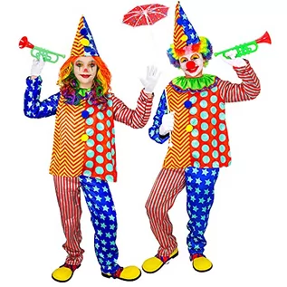 Czapki dla dzieci - Widmann Widmann 48635 48635 kostium dziecięcy Clown, górna część z kołnierzem, spodnie, kapelusz, cyrkonia, zabawa, impreza tematyczna, karnawał, uniseks dla dzieci, wielokolorowy, 116 cm / 4-5 lat 48635 - grafika 1