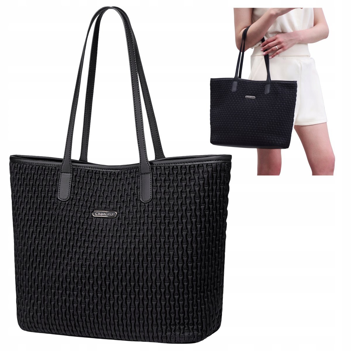 Torba damska shopper czarna elegancka, pojemna 15,6 l, na ramię, modna na co dzień i do pracy. CHANTRIA CB801 Black.