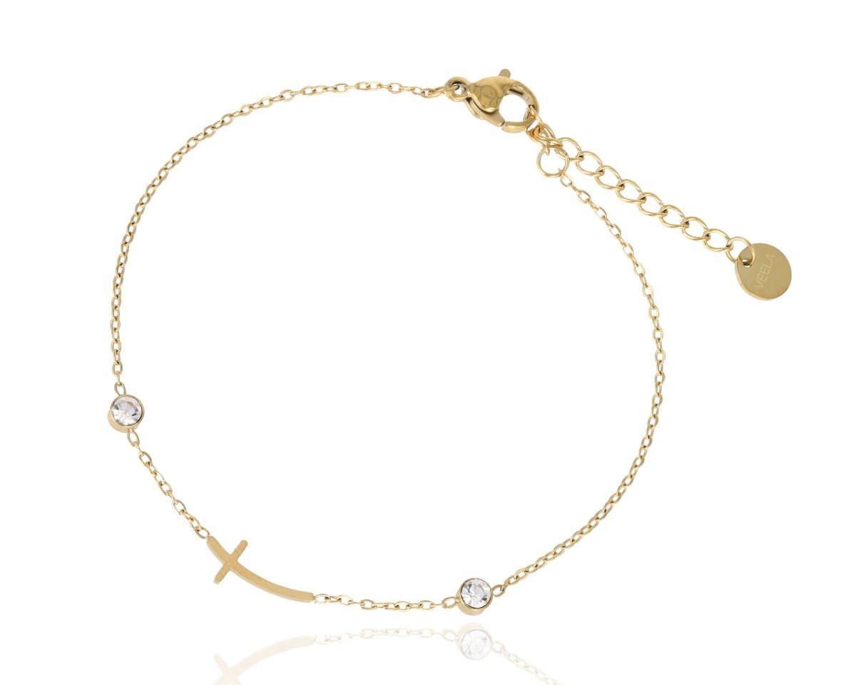 Stylowa bransoletka z ukośnym krzyżem i cyrkoniami – stal nierdzewna, 17 cm