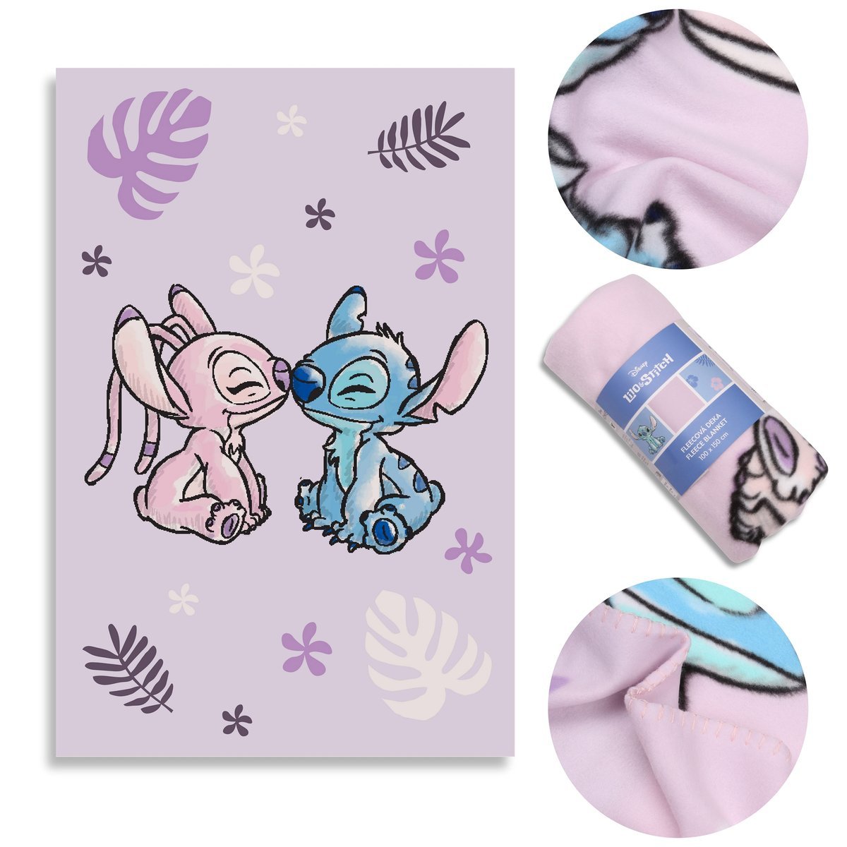 DISNEY Stitch Jasnofioletowy MIĘKKI koc POLAROWY, narzuta na łóżko dla dzieci 100x150 cm, OEKO-TEX