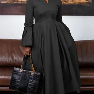 Sukienki - TEMU Kobieca Elegancka Sukienka Midi z Dekoltem w Serek i Rozkloszowanymi Rękawami - Jednokolorowa, Uniwersalna na Każdą Porę Roku od Biura do - miniaturka - grafika 1