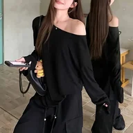 Bluzki damskie - TEMU Damski Czarny T-Shirt z Odkrytymi Ramionami i Długim Rękawem - Wysokoelastyczny, Luźno Krojony Casualowy Top na Jesień Jednokolorowa Koszulka do - miniaturka - grafika 1