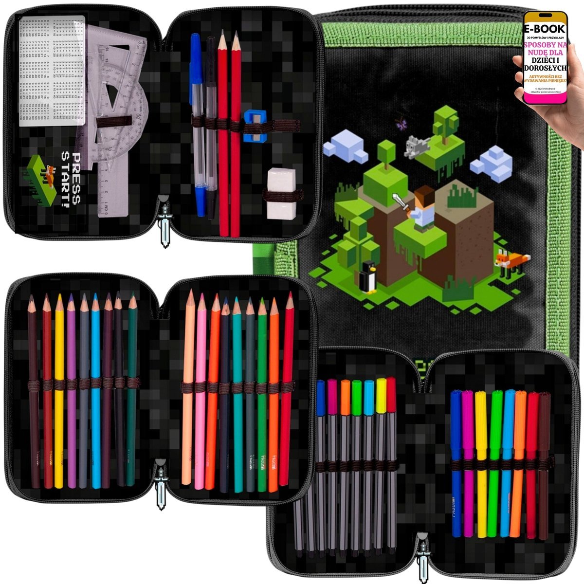 GAMINGOWY PIÓRNIK Z PRZYBORAMI NA PREZENT TRZYKOMOROWY DLA CHŁOPCA UCZNIA – PIXELOWY STYL GRY + 3 KOMORY + WYPOSAŻENIE + EBOOK-3