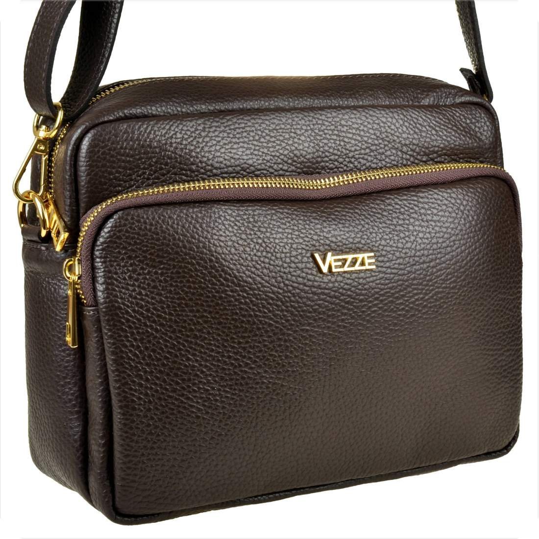 Modna skórzana torebka listonoszka brąz czekolada złote okucia VEZZE