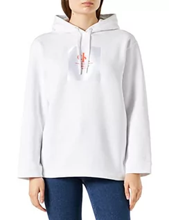Bluzy damskie - Calvin Klein Damska bluza z kapturem Ck Woven Label Oversize, jasny biały/koralowy pomarańczowy, XS, Jasny biały/koralowy pomarańczowy, XS - grafika 1