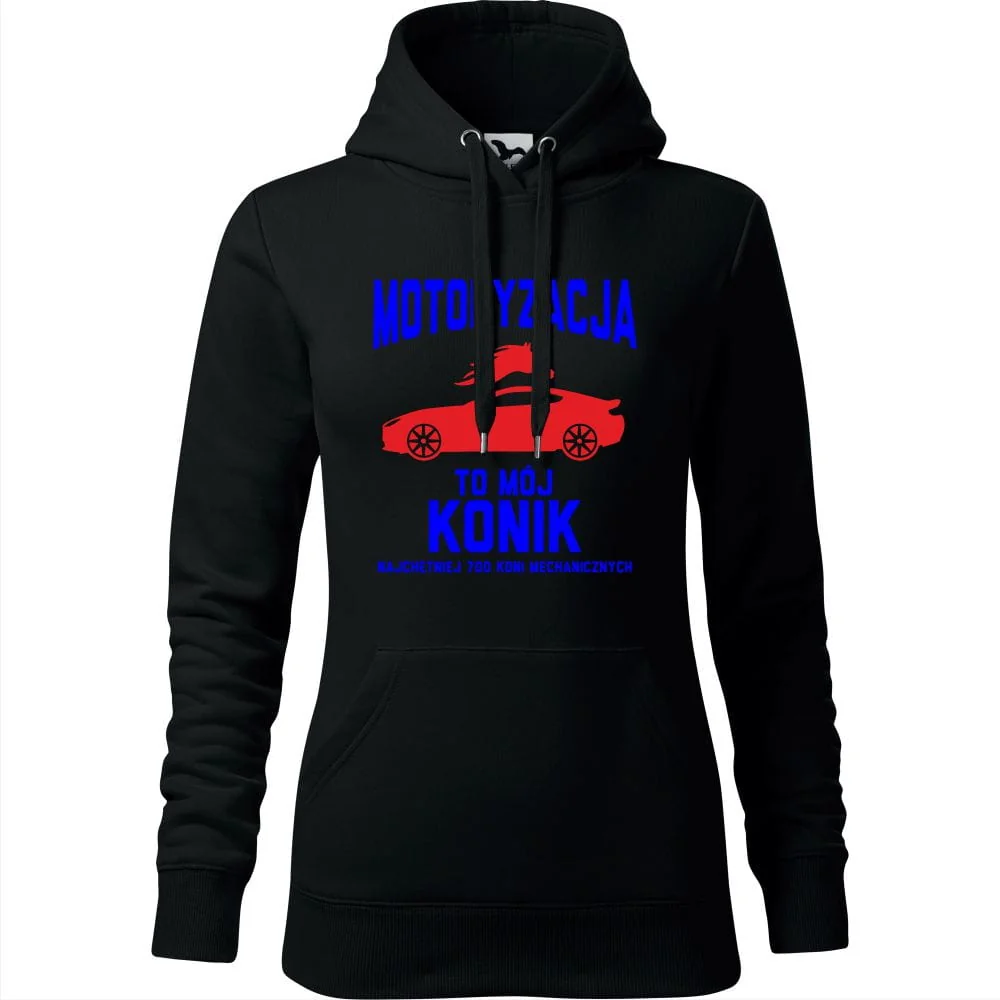 Damska Bluza Z Kapturem - Motoryzacja To Mój Konik - Najchętniej 700 Koni Mechanicznych Czarny 2xl